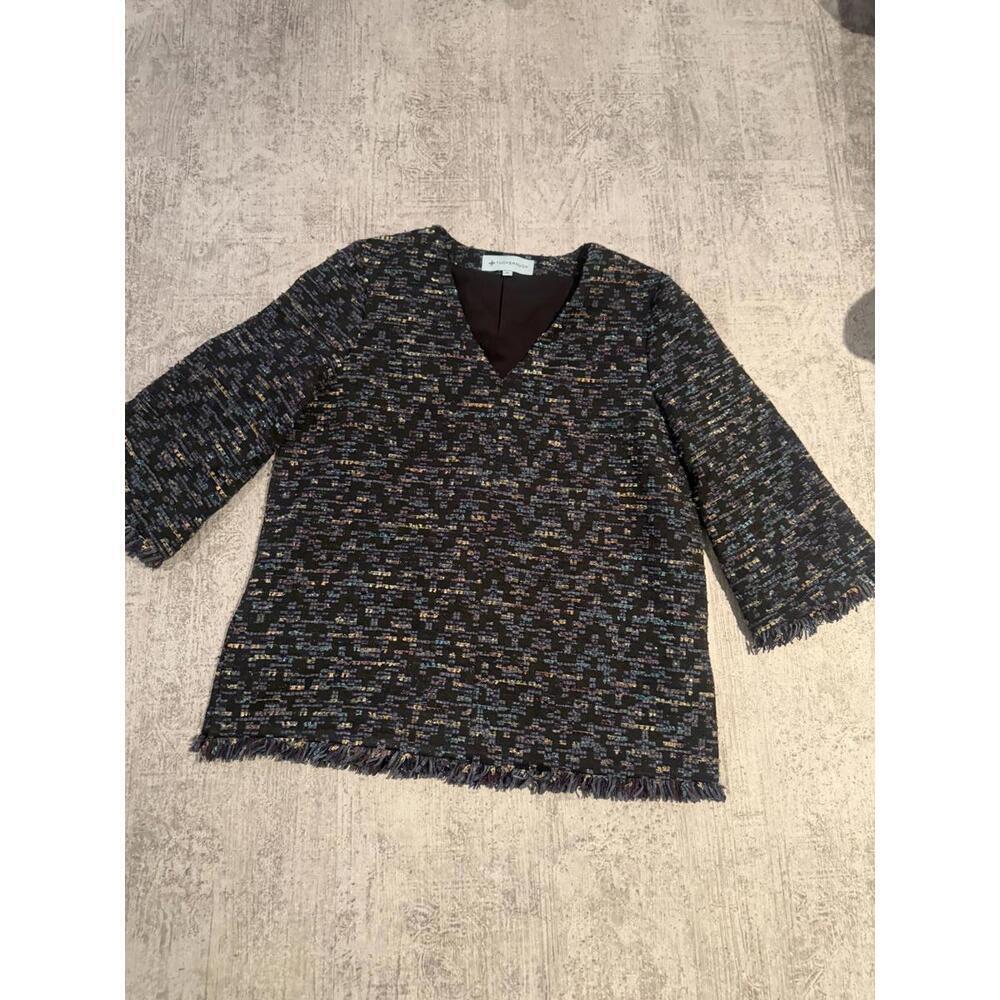Tuckernuck Multicolor Metallic Tweed Belfast V-Neck Top with Fringes M